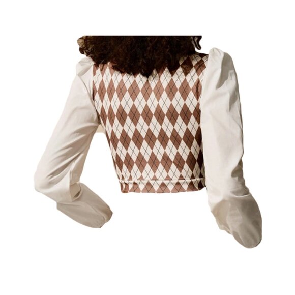 SHEIN Argyle Pattern Puff Sleeve Cropped Sweater in Brown / White Size M NWOT - Picture 2 of 13